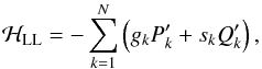 Mathematical equation: \begin{equation} \label{eq:quad_hamiltonian_2} \hamLL = - \sum_{k=1}^N \left( g_k P'_k + s_k Q'_k \right) , \end{equation}