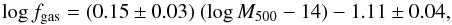 Mathematical equation: \begin{equation} \log f_{\rm gas} = (0.15\pm0.03)\ (\log M_{500}-14) -1.11\pm0.04 , \end{equation}