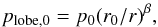 Mathematical equation: \begin{equation} p_{\rm lobe,0}=p_{0}(r_{0}/r)^{\beta} , \end{equation}