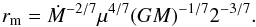 Mathematical equation: \appendix \setcounter{section}{1} \begin{equation} r_{\rm m} = \dot M^{-2/7} \mu^{4/7} (GM)^{-1/7} 2^{-3/7} . \end{equation}