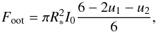 Mathematical equation: \begin{equation} F_{\rm oot}=\pi R_*^2I_0\frac{6-2u_1-u_2}{6}, \end{equation}