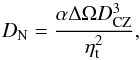 Mathematical equation: \begin{equation} \label{dynamonumber} D_{\rm N}= \frac{\alpha \Delta\Omega D_{\rm CZ}^3}{\eta_{\rm t}^2}, \end{equation}