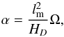 Mathematical equation: \begin{equation} \label{alphadyn} \alpha= \frac{l_{\rm m}^2}{H_D}\Omega, \end{equation}