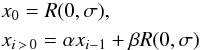 Mathematical equation: \begin{eqnarray} &&\displaystyle x_0= R(0,\sigma), \nonumber\\ &&\displaystyle x_{i\,>\,0} = \alpha x_{i -1} + \beta R(0,\sigma) \label{GCN} \end{eqnarray}