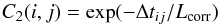 Mathematical equation: \begin{equation} \label{crf} C_2(i,j)=\exp(-\Delta t_{ij}/L_{\rm corr}) \end{equation}