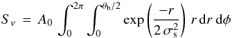 Mathematical equation: \appendix \setcounter{section}{2} \begin{equation} S_\nu\,=\,A_0\,\int_0^{2\pi}\int_0^{\theta_{\rm b}/2} \exp\left( \frac{-r}{2\,\sigma_{\rm s}^2} \right)\, r \, {\rm d}r \ {\rm d}\phi \label{eqn:expintegral_gauss} \end{equation}