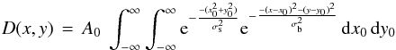 Mathematical equation: \appendix \setcounter{section}{2} \begin{equation} D(x,y)\,=\,A_0\ \int_{-\infty}^\infty \int_{-\infty}^\infty {\rm e}^{-\frac{-(x_0^2 + y_0^2)}{\sigma_{\rm s}^2}} {\rm e}^{-\frac{-(x-x_0)^2 - (y-y_0)^2}{\sigma_{\rm b}^2}}\,{\rm d}x_0\,{\rm d}y_0 \label{eqn:expconvolution_gauss} \end{equation}