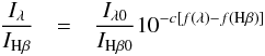 Mathematical equation: \begin{eqnarray} \frac{I_\lambda}{I_{\rm H\beta}} & = & \frac{I_{\lambda0}}{I_{\rm H\beta0}}10^{-c[f(\lambda)-f({\rm H}\beta)]} \end{eqnarray}