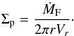 Mathematical equation: \begin{equation} \Sigma_{\mathrm{p}} = \frac{\dot{M}_{\mathrm{F}}}{2\pi rV_{r}} \cdot \label{eq:radial_massflux} \end{equation}