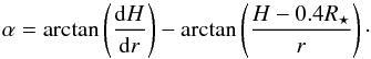 Mathematical equation: \begin{equation} \alpha = \arctan\left(\frac{\mathrm{d}H}{\mathrm{d}r}\right) - \arctan\left(\frac{H-0.4R_{\star}}{r}\right) \cdot \label{eq:grazing_angle} \end{equation}