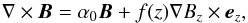 Mathematical equation: \begin{equation} \nabla \times \vec{B} = \alpha_0 \vec{B } + f(z) \nabla B_z \times \vec{e}_z, \label{lin_mhs} \end{equation}