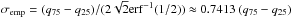 Mathematical equation: \hbox{$\sigma_\mathrm{emp} = (q_{75} - q_{25})/(2 \sqrt{2} \mathrm{erf}^{-1}(1/2)) \approx 0.7413 \, (q_{75} - q_{25})$}
