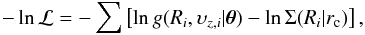 Mathematical equation: \begin{equation} -\ln\mathcal{L}=-\sum\left[\ln g(R_i,\upsilon_{z,i}|\bm{\theta})-\ln\Sigma(R_i|r_{\rm c})\right], \end{equation}