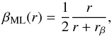 Mathematical equation: \begin{equation} \beta_{\mathrm{ML}}(r)=\frac{1}{2}\frac{r}{r+r_\beta}, \end{equation}