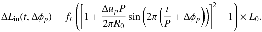 Mathematical equation: \appendix \setcounter{section}{1} \begin{equation} \label{eqn3} \Delta L_{\rm in}(t, \Delta \phi_p) = f_L \left (\left[1 + \frac{\Delta u_p P}{2 \pi R_0} \sin{\left ( 2 \pi \left(\frac{t}{P} + \Delta \phi_p \right) \right)}\right]^2- 1 \right ) \times L_0. \end{equation}