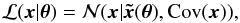 Mathematical equation: \begin{equation} \mathcal{L}(\boldsymbol{x}|{\boldsymbol \theta})=\mathcal{N}(\boldsymbol{x}|\boldsymbol{\tilde{x}}({\boldsymbol \theta}),\mathrm{Cov}(\boldsymbol{x})), \end{equation}