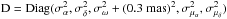Mathematical equation: \hbox{$\mathrm{D}=\mathrm{Diag}(\sigma_{\alpha}^2,\sigma_{\delta}^2,\sigma_{\omega}^2+(0.3\;\mathrm{mas})^2,\sigma_{\mu_{\alpha}}^2,\sigma_{\mu_{\delta}}^2)$}
