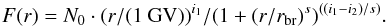 Mathematical equation: \begin{equation} F(r) = N_0\cdot (r/(1\mbox{~GV}))^{i_1}/(1+(r/r_{\rm br})^{s})^{((i_1-i_2)/s)} \label{eq:fit_model} . \end{equation}
