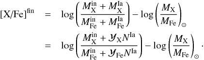 Mathematical equation: \begin{eqnarray} \text{[X/Fe]}^{\rm fin}&=& \log \left( \frac{M_\text{X}^{\rm in}+ M_\text{X}^{\rm Ia} }{M_\text{Fe}^{\rm in}+ M_\text{Fe}^\text{Ia} } \right)-\log \left( \frac{M_\text{X}}{M_\text{Fe}} \right)_\odot \nonumber\\ &=& \log \left( \frac{M_\text{X}^{\rm in}+ \mathcal{Y}_\text{X} N^{\rm Ia} }{M_\text{Fe}^{\rm in}+ \mathcal{Y}_\text{Fe} N^{\rm Ia} } \right)-\log \left( \frac{M_\text{X}}{M_\text{Fe}} \right)_\odot \label{eq:Xout} \cdot \end{eqnarray}