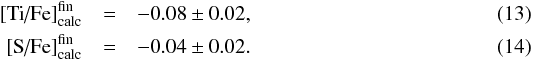 Mathematical equation: \begin{eqnarray} \text{[Ti/Fe]}^{{\rm fin}}_{\rm calc} &=&-0.08\pm 0.02 ,\\ \text{[S/Fe]}^{{\rm fin}}_{\rm calc} &=&-0.04\pm 0.02 . \end{eqnarray}