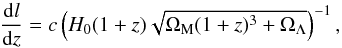 Mathematical equation: \begin{equation} \frac{{\rm d}l}{{\rm d}z}= c \left( H_0 (1+z) \sqrt{\Omega_{\rm M}(1+z)^3 +\Omega_\Lambda}\right) ^{-1}, \end{equation}