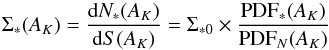 Mathematical equation: \begin{equation} \label{slaw_pdfs} \Sigma_{*}(A_K)= \frac{\mathrm{d}N_{*}(A_K)}{\mathrm{d}S(A_K)} = \Sigma_{*0} \times \frac{\mathrm{PDF}_{*}(A_K)}{\mathrm{PDF}_{N} (A_K)} \end{equation}