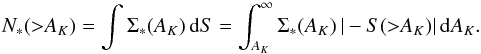 Mathematical equation: \begin{equation} \label{slawxds} N_*({>}A_K) = \int{\Sigma_*(A_K) \, \mathrm{d}S} = \int_{A_K}^\infty {\Sigma_*(A_K) \, |-S({>}A_K)| \, \mathrm{d}A_K}. \end{equation}