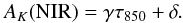 Mathematical equation: \begin{equation} \label{eq:4} A_K(\mathrm{NIR}) = \gamma \tau_{850} + \delta . \end{equation}