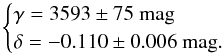 Mathematical equation: \begin{equation} \label{eq:5} \begin{cases} \gamma = 3593 \pm 75~{\rm mag} \\ \delta = -0.110 \pm 0.006~{\rm mag}. \end{cases} \end{equation}