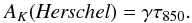 Mathematical equation: \begin{equation} \label{eq:7} A_K (\mathit{Herschel})= \gamma \tau_{850} . \end{equation}