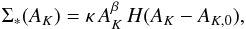 Mathematical equation: \begin{equation} \label{eq:8} \Sigma_{*}(A_K) = \kappa\, A_K^\beta\, {H}(A_K - A_{K,0}), \end{equation}