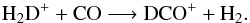 Mathematical equation: \begin{equation} \rm H_2D^++CO\longrightarrow DCO^++H_2\rm{.} \label{eq:DCOp_1} \end{equation}