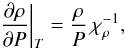Mathematical equation: \begin{equation} {\left. {\frac{{\partial \rho }}{{\partial P}}} \right|_T} = \frac{\rho }{P}\,\chi _\rho ^{ - 1}, \label{EqDrop} \end{equation}