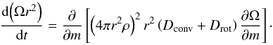 Mathematical equation: \begin{equation} \frac{\mathrm{d}{\left(\Omega r^{2}\right)}}{\mathrm{d}{t}}=\frac{\partial}{\partial m}\left[\left(4\pi r^{2}\rho\right)^{2}r^{2}\left(D_{\text{conv}}+D_{\text{rot}}\right)\frac{\partial\Omega}{\partial m}\right]\cdot\label{eq:djdt} \end{equation}