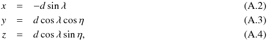 Mathematical equation: \appendix \setcounter{section}{1} \begin{eqnarray} x&=&-d\sin{\lambda}\\ y&=&d\cos{\lambda}\cos{\eta}\\ z&=&d\cos{\lambda}\sin{\eta}, \end{eqnarray}