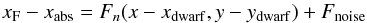 Mathematical equation: \begin{equation} \label{eq:abs} x_\mathrm{F} - x_\mathrm{ abs} = F_n(x-x_\mathrm{dwarf},y-y_\mathrm{dwarf}) + F_\mathrm{ noise} \end{equation}