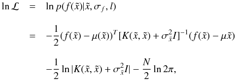 Mathematical equation: \begin{eqnarray} \label{likelihood} \ln{\mathcal{L}} &=& \ln{p(f(\tilde{x})|\tilde{x},\sigma_f,l)} \\[3mm] \nonumber &=& -\frac{1}{2}(f(\tilde{x})-\mu(\tilde{x}))^T[K(\tilde{x},\tilde{x})+\sigma_{\tilde{x}}^2I]^{-1}(f(\tilde{x})-\mu{\tilde{x}})\\[3mm] \nonumber &&- \frac{1}{2}\ln{|K(\tilde{x},\tilde{x})+\sigma_{\tilde{x}}^2I|}-\frac{N}{2}\ln{2\pi,} \end{eqnarray}