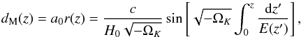 Mathematical equation: \begin{equation} \label{dM} d_{\rm M}(z)=a_0r(z)=\frac{c}{H_0\sqrt{-\Omega_K}} \sin\left[\sqrt{-\Omega_K}\int^z_0\frac{{\rm d}z^\prime}{E(z^\prime)}\right], \end{equation}