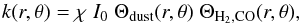 Mathematical equation: \begin{equation} k (r, \theta) = \chi \; I_0 \; \Theta_{\rm dust}(r, \theta) \; \Theta_{\rm H_2, CO} (r, \theta), \label{Eq-k} \end{equation}
