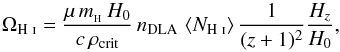Mathematical equation: \begin{equation} \Omega_{\text{\HI}} = \frac{\mu\,m_{_{\rm H}}\,H_{0}}{c\,\rho_{\rm cr it}}\,n_{\rm DLA}\, \left< N_\text{\HI} \right>\frac{1}{(z+1)^2}\frac{H_{z}}{H_{0}}, \end{equation}