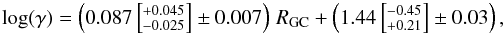 Mathematical equation: \begin{equation} \log(\gtd) = \left( 0.087\left[ \asymErr{+0.045}{-0.025} \right]\pm0.007\right) \, \dgc + \left( 1.44 \left[ \asymErr{-0.45}{+0.21} \right]\pm0.03 \right), \label{eq:gtd_gradient} \end{equation}