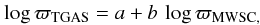 Mathematical equation: $$ \log\varpi_{\rm TGAS} = a + b\,\log\varpi_{\rm MWSC,} $$