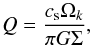 \begin{equation} Q=\frac{c_{\rm s}\Omega_{k}}{\pi G \Sigma}, \end{equation}