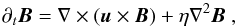 \begin{equation} \partial_t \vec{B} = \nabla \times ( \vec{u} \times \vec{B} ) + \eta\nabla^{2} \vec{B} ~\rm{,} \end{equation}