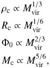Mathematical equation: \begin{eqnarray} &&\rho_{\rm c} \propto M_{\rm vir}^{1/3} \notag \\ &&R_{\rm c} \propto M_{\rm vir}^{1/6}\notag \\ &&\Phi_{0} \propto M_{\rm vir}^{2/3} \notag \\ &&M_{\rm c} \propto M_{\rm vir}^{5/6}, \end{eqnarray}