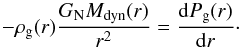Mathematical equation: \begin{equation} -\rho_{\rm g}(r) \frac{G_{\rm N} M_{\rm dyn}(r)}{r^{2}} = \frac{{\rm d}P_{\rm g}(r)}{{\rm d}r}\cdot \label{hydrostaticequi} \end{equation}