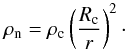 Mathematical equation: \begin{equation} \label{normalphasedensity} \rho_{\rm n} = \rho_{\rm c} \left(\frac{R_{\rm c}}{r}\right)^2\cdot \end{equation}