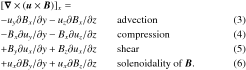 \begin{eqnarray} &&[\nab\times(\uu\times\BB)]_x = \nonumber\\ \label{eq_uxb1} &&-u_y\partial B_x/\partial y-u_z\partial B_x/\partial z\quad \quad \text{advection}\\ \label{eq_uxb2} &&-B_x\partial u_y/\partial y-B_x\partial u_z/\partial z\quad \quad \text{compression}\\ \label{eq_uxb3} &&+B_y\partial u_x/\partial y+B_z\partial u_x/\partial z\quad \quad \text{shear}\\ \label{eq_uxb4} &&+u_x\partial B_y/\partial y+u_x\partial B_z/\partial z\quad \quad \text{solenoidality of } \BB. \label{eq_uxb5} \end{eqnarray}