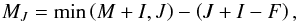 Mathematical equation: \appendix \setcounter{section}{1} \begin{equation} M_{J}=\min \left( M+I,J\right) -\left( J+I-F\right) , \label{eq -- findmj>0} \end{equation}