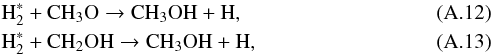 \appendix \setcounter{section}{1} \begin{eqnarray} && {\rm H_2^*} + {\rm CH_3O} \rightarrow {\rm CH_3OH} + {\rm H},\\ && {\rm H_2^*} + {\rm CH_2OH} \rightarrow {\rm CH_3OH} + {\rm H}, \end{eqnarray}